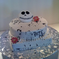 Bite Me Edgy birthday cake for my young, hip, edgy daughter in law. All buttercream with 2 gumpaste flowers and a fondant Jack.