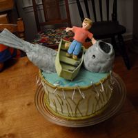Man Overboard! Sour cream and chocolate pound cake. Fish made of cake and fondant, boat is gum paste and so are the hooks, etc.