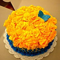 Yellow Roses Birthday Cake My friend Jill's birthday cake. Yellow cake with Sweet Buttery Dough flavoring added with orange flavored (icing fruit added)...