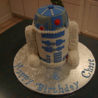 R2D2 For my great nephew's 6th birthday. Idea from several different similar cake pics on Cake Central. 4 - 6" rounds and then a half-...