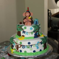 Monkey Bday Cake thanks to Bluemooncakes for the inspiration of the monkey on top. 10 in white and 6 inch choc. BC with Fondant accents. TFL