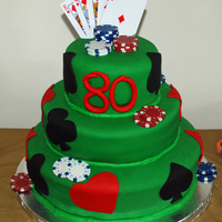 Poker Cake Poker themed birthday cake covered in fondant. Top and bottom tiers are WASC with almond buttercream and the middle tier is Darn Good...