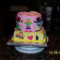 Khandis' Birthday 8" square and 6" round strawberry cakes with buttercream covered with marshmallow fondant. Fondant cut out people and fondant...