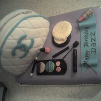 Make Up Cake vanilla cake with dark chocolate ganache. Made for Dazz 12th B-Day. Makeup bag is triple chocolate with chocolate ganache.