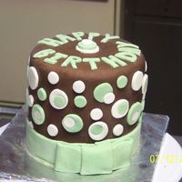 Dotty Birthday 6" chocolate chip pound cake with chocolate ganach filling, covered with chocolate fondant, and green and white fondant cutouts. I had...