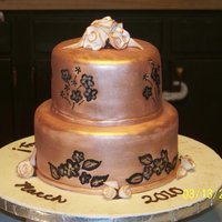 Multiple Birthday Cake Bronze pearl dust hand painted on fondant, with black brush embroidry. Fondant ribbon roses...Such fun!