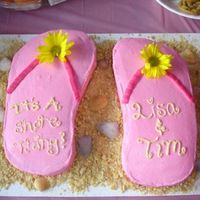 Flip Flop Bridal Shower Cake The wedding is a shore theme, so we followed that with the bridal shower. The cake was two flip flops that said "It's A Shore...