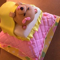 Sleeping Ms Teddy Cake Medium sized Wilton pillow cake, 6" square cake (one layer torted) and Ms Teddy is also red velvet cake with cream cheese filling (...
