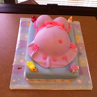 Baby Shower Cake 9X13 rectangle cake (single layer torted) with small Wilton ball pan for belly and Wilton mini doll pan for the boobies. Fondant decos to...