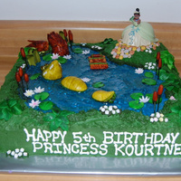 Princess And The Frog Chocolate cake w/ vanilla buttercream. Princess figurine is plastic. All other decorations are MMF & buttercream.