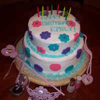 Polka Dots And Flowers Yellow Cake with Buttercream Icing and Fondant Polka Dots and Flowers. Base trim is crushed Cotton Candy flavored rock suckers. For my...