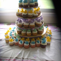 Bassinet Cake bassinet shower cake with colored white chocolate bassinet cupcake toppers. I also made the stand. It has cotton candy between the tiers!