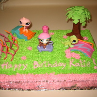 Littlest Pet Shop Made a Littlest Pet Shop cake for a friends kid.Chocolate cake with buttercream,fondant tree and figures are toys.She loved it!