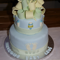 Babyshower Cake Babyshower cake for a boy!Cake is 3-layer white chocolate-vanilla with raspberry and white chocolate-lemon filling.Covered in fondant....
