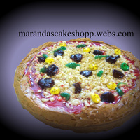 Pizza Cake Pizza Cake for my boyfriends birthday, all edible, Orange, topping are white chocolate chopped up and different flavors of gummi bears...