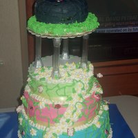 Whishing Well Wedding Cake All edible, frosting was all buttercream, the butterflys are gumpaste, the top was lemon, first tier was chocolate, second was cherry and...