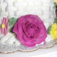 Basket Weave Cake With Flowers buttercream roses, royal icing flowers