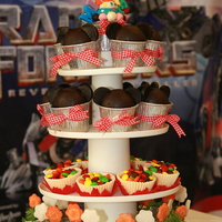 Mickey Heads In The Candy Garden I made this for my second son birthday. On the top of tiers mini birthday cake with candle, second and third, the cupcakes mickey head...