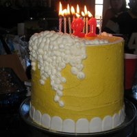 21St Birthday Beer Mug 4 stacked round cakes. Buttercream frosting for the yellow and the bubbles. Fondant for the bottom of the mug and the handle