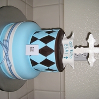 Baptism Cake Chocolate WASC w/truffle filling, bottom cake is WASC w/strawberry cream cheese filling for my son's baptism. Cross made from gumpaste...