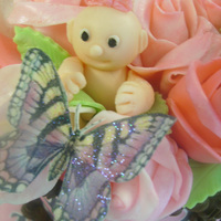 "anne Geddes" Style Baby Shower Cake Cake topper is all white chocolate and marshmallow fondant except for wafer paper butterfly. Buttercream covered cake decorated with...