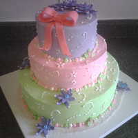 Tinkerbell three layers, white cake with fresh cut strawberries in fresh whipped cream. Iced in buttercream and fondant. Tinker topper is not on it...