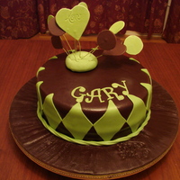 My 5Th Fondant Cake April 2009 1St Fondant Covered Cake Board. Dark chocolate fondant, leaf green gumpaste hearts, impression mat for cake board. Happy Birthday stamp.