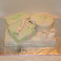 Presents Baby Shower I made this cake from two 9x13 sheet cakes. Strawberry cake with strawberry buttercream and MMF. Gumpaste baby shoes and fondant key ring....