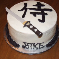 Samurai Cake I made this cake for a guy who is really into samurai swords. The japanese symbol means samurai. Red velvet cake with white chocolate...