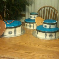 Drum Set Set of drums to match a drum set for my brothers senior recital. Various size cakes covered in fondant. Drum hardware is all fondant pieces...
