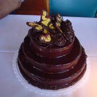 Chocolate Ganache With Butterflies Poured Ganache over marshmallow butterceam. The butterflies were made of wilton candy melts, and the roses are chocolate buttercream.