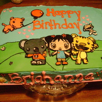 Ni Hao Kai Lan Used the buttercream transfer method, it came out really well for my first time and it was very easy to do. The cake batter is tye-dye...