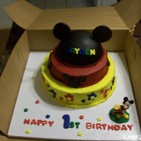 Mickey Mouse 1St B-Day Top cake, the hat ,is cake covered in fondant the other covered in BC with fondant accents. Thanks for looking!