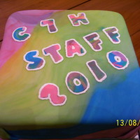 Tie-Dye Cake For Girl Scout Camp Staff Two Layer 12" Square cakes covered in fondant for the staff dinner at girl scout resident camp.