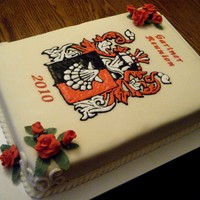 Reunion Family Crest Cake Made for my family reunion, the image is our family crest. Tried to do a royal icing transfer, but the pattern was too delicate to do it...