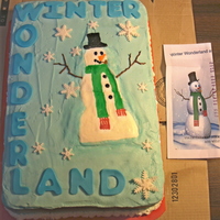 Winter Wonderland Cake For Work 2 layers of cake, chocolate and yellow. Buttercream with fondant snowflakes and letters. Tried to make the snowman like the invitation to...