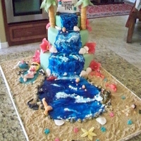 Life's A Beach!!! Hawaiian theme surprise party cake! all three tiers are wasc covered in white chocolate ganache. White royal icing topped with blue piping...