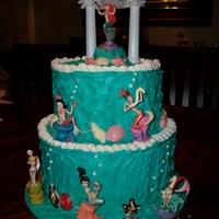 Little Mermaid Tiered Cake A tiered cake for my niece's 5th birthday. Buttercreme frosting, wilton pillars, handmade banner, and Ariel & friends figurines