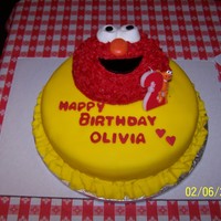 Elmo Bday Cake 12x3 filled cake covered in fondant. Used a 7 in round for Elmo's face. Eyes are 2 large marshmallows puffed in the microwave.