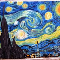 Hand Painted / Starry Night/ Van Gogh I hand painted this on a piece of fondant with added gum tex. Put on a 9x13 sheet cake. I love painting on cake!