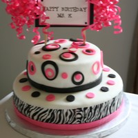 Black And Pink Zebra Mod Dot Made for my daughters teacher. Looks good, but it taught me to watch where I line up my seams with fondant and edible image.