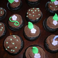 Dark Chocolate Cupcakes Dark chocolate icing on mini dark chocolate cupcakes with fondant details.