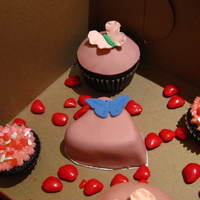 Valentines Cupcakes Chocolate cupcakes with strawberry puree & choc ganache, and choc mini cake with vanilla buttercream.