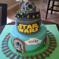 Star Wars & Thomas The Train Cake Two birthdays for two little boys, one Star Wars lover and one Thomas the Train lover, RKT Death Star and gum paste X Wing Fighters
