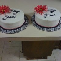 Women's Ministry Cakes All buttercream, silk gerber daisy, freehanded the font, cake was two-layer - WASC and chocolate with hot pink buttercream between layers....