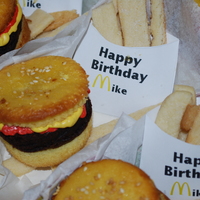 Mikes Bday Burger Cupcakes Brownie for the burger, buttercream ketchup and mustard. Bakerella inspired!