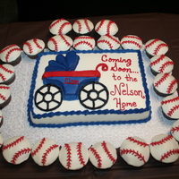 Blue Baby Buggy With Baseballs This is a cake I made for a baseball themed baby shower. White cake / Chocolate cupcakes covered in BC. Basically free handed the buggy...