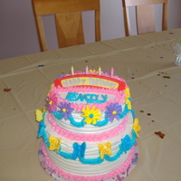 Birthday Cake This i made for my daughters 4th birthday, Chocolate cake and vanilla cake with chocolate creamcheese filling, bc frosting with RI flowers...