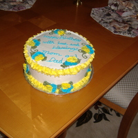 Birthday Cake Pansies White Cake w/bc frosting and lemon creamcheese filling. RI Pansies .They wanted alot of writing on such a small cake.