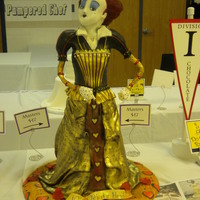 Red Queen All cake with modelling chocolate head and shoulders. Fondant draping, hand painting, and airbrushing.